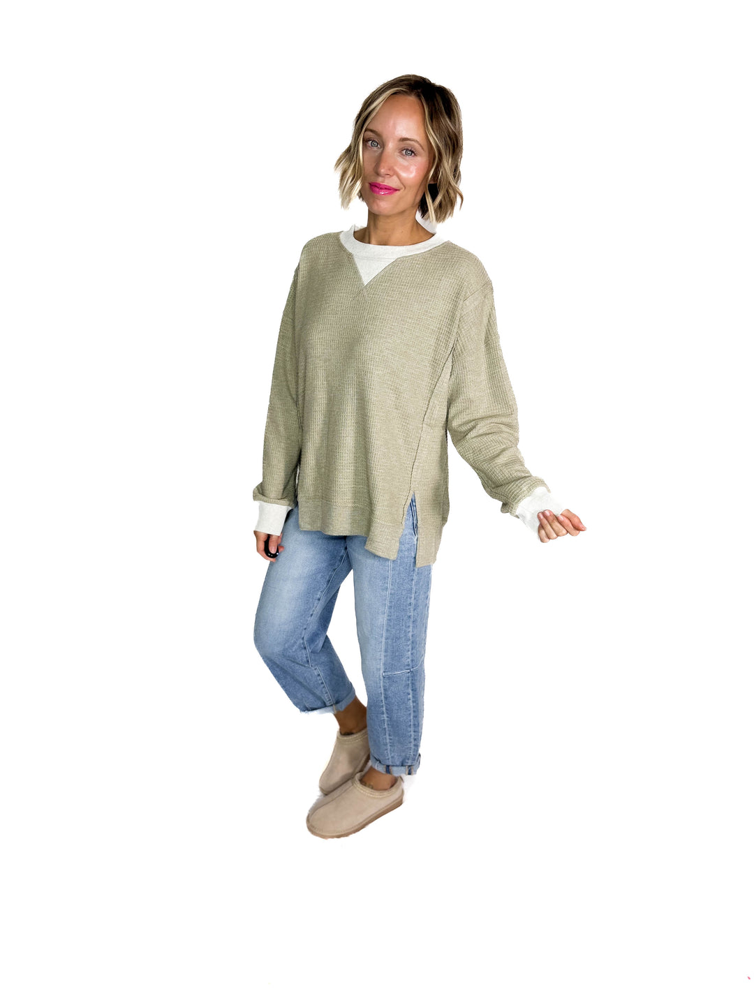 Loom Brushed Thermal Crew NeckPullover- OLIVE