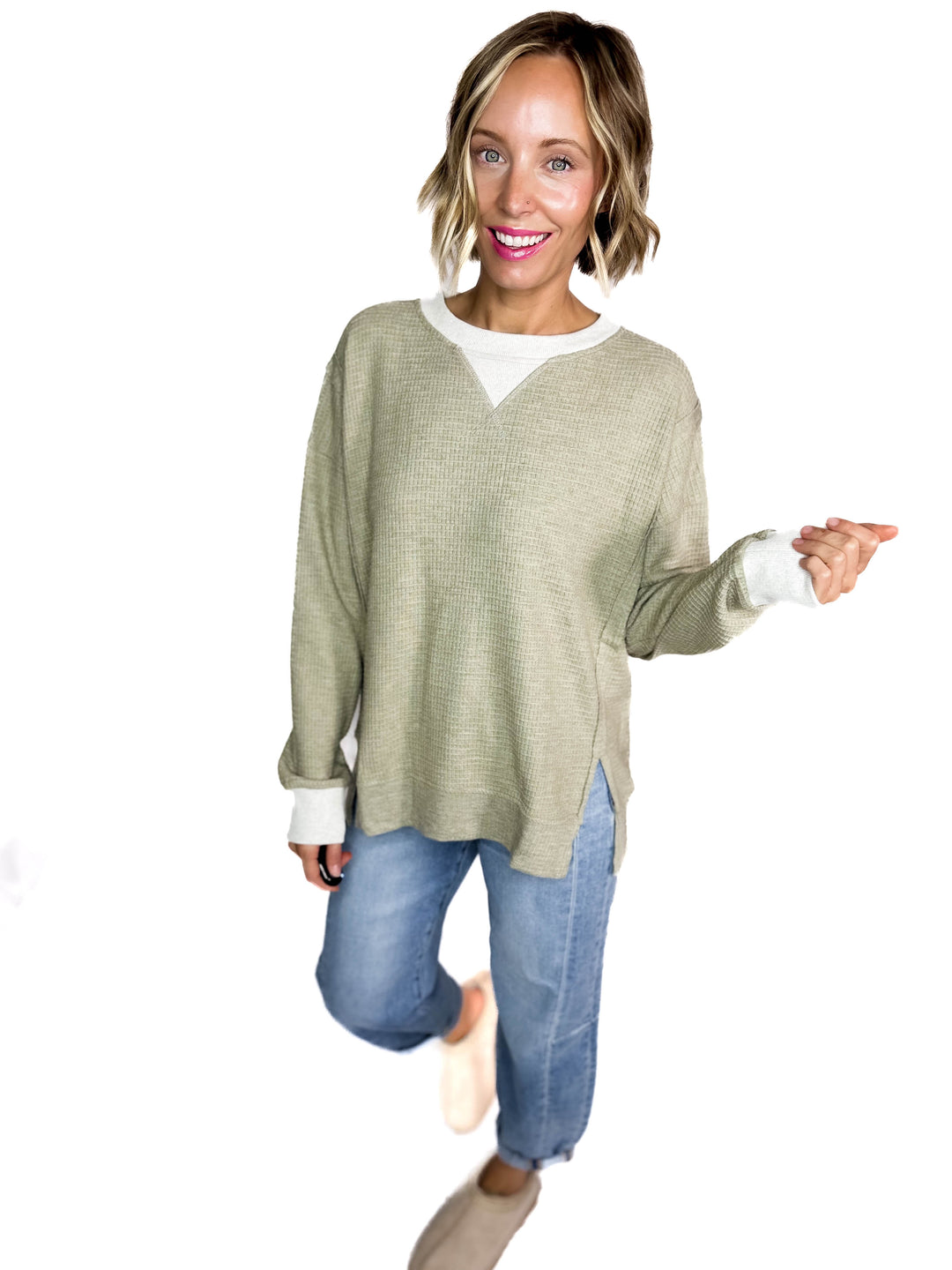 Loom Brushed Thermal Crew NeckPullover- OLIVE