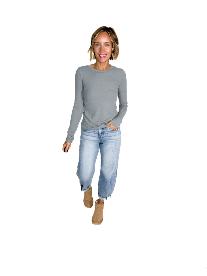 Beth Ribbed Long Sleeve- PEBBLE
