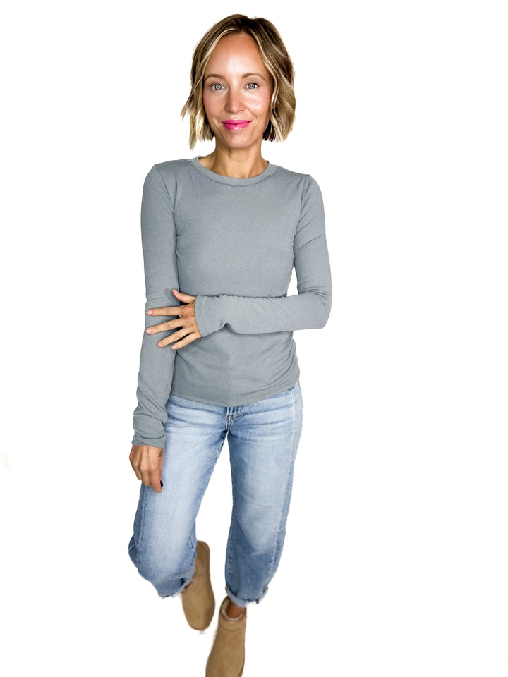 Beth Ribbed Long Sleeve- PEBBLE