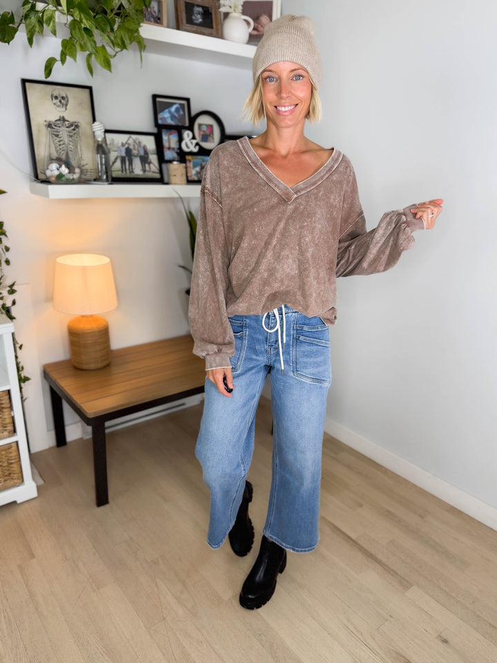 Shiloh Washed Cotton Inverted Seam Long Sleeve- COCOA
