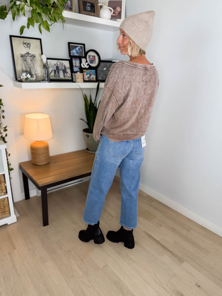 Shiloh Washed Cotton Inverted Seam Long Sleeve- COCOA