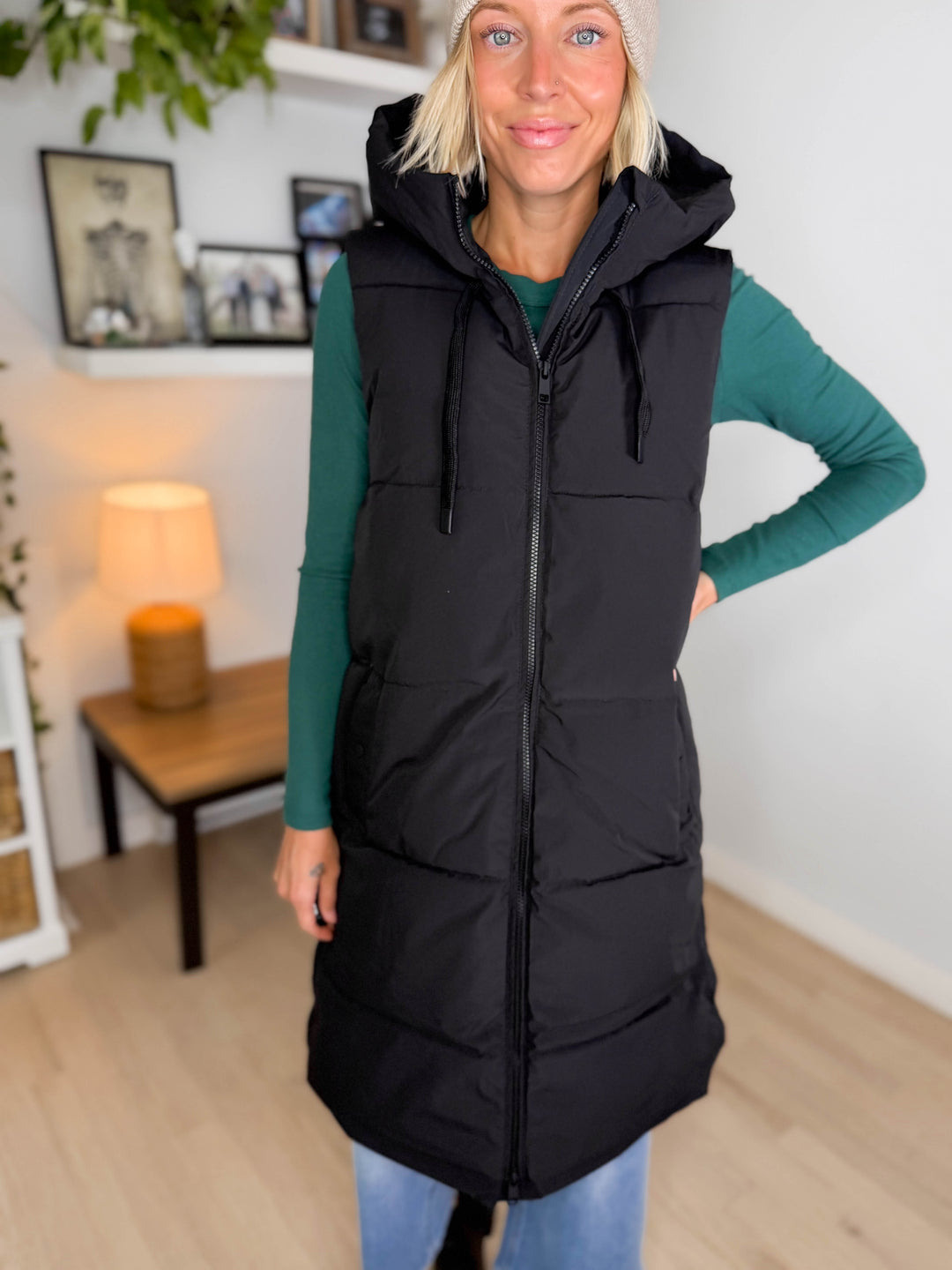 ONLY Blair Long Hooded Puffer Vest- BLACK