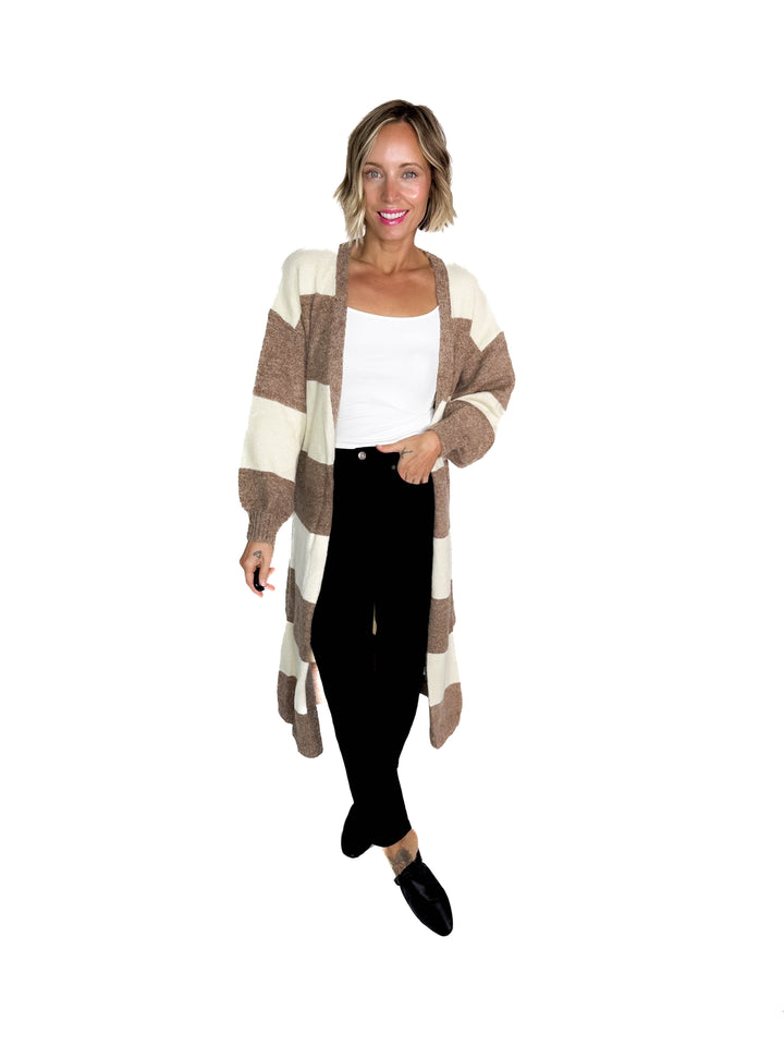 Cove Cozy Stripe Robe Cardigan- CREAM/TAUPE STRIPE