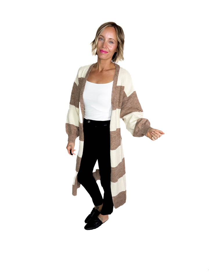 Cove Cozy Stripe Robe Cardigan- CREAM/TAUPE STRIPE
