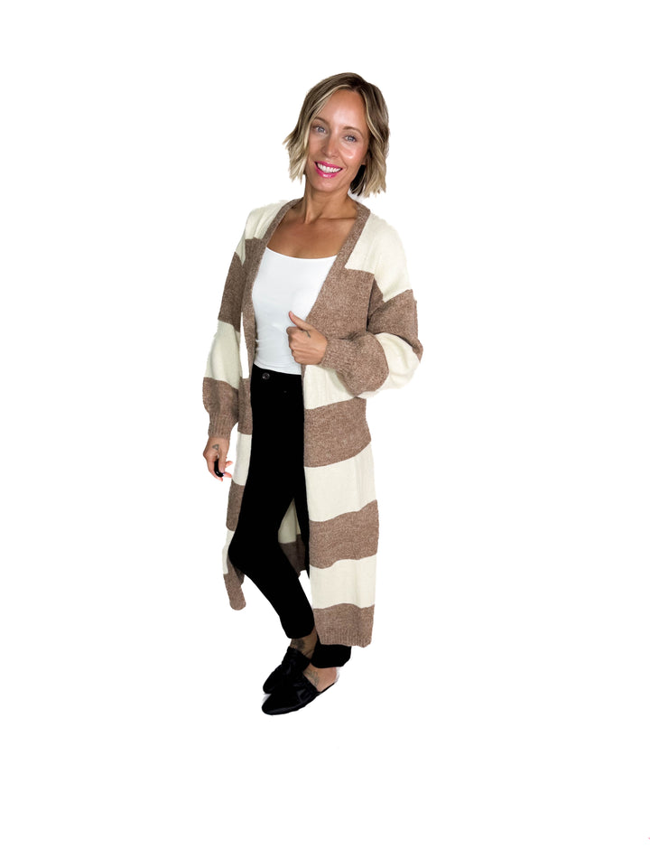 Cove Cozy Stripe Robe Cardigan- CREAM/TAUPE STRIPE