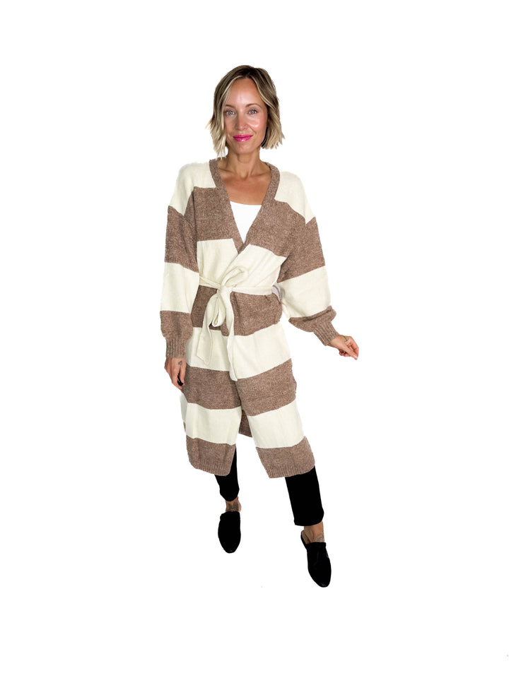 Cove Cozy Stripe Robe Cardigan- CREAM/TAUPE STRIPE