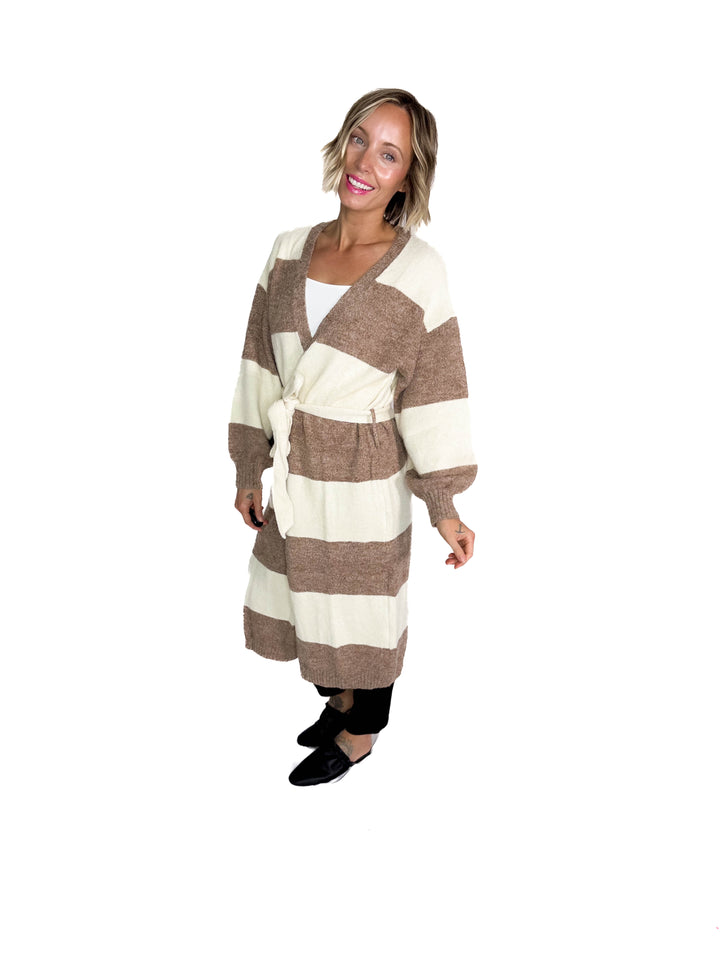 Cove Cozy Stripe Robe Cardigan- CREAM/TAUPE STRIPE