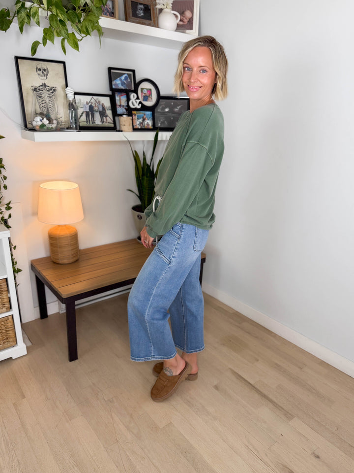 Landyn Washed Cotton Crewneck Long Sleeve- DUSTY GREEN