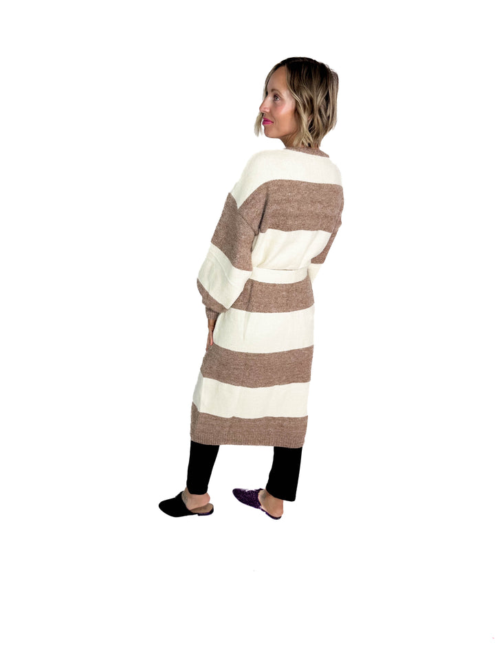 Cove Cozy Stripe Robe Cardigan- CREAM/TAUPE STRIPE