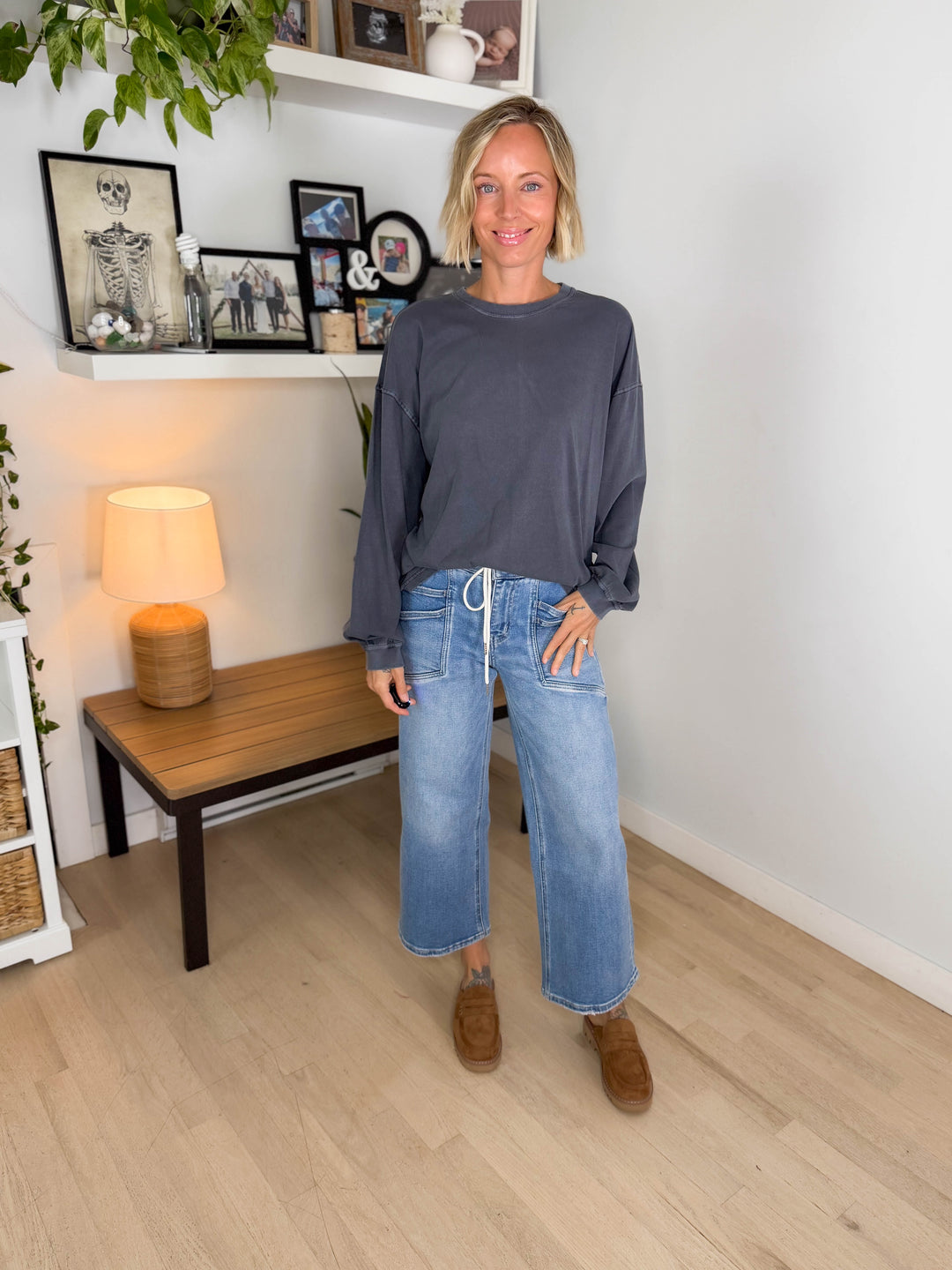 Landyn Washed Cotton Crewneck Long Sleeve- NAVY