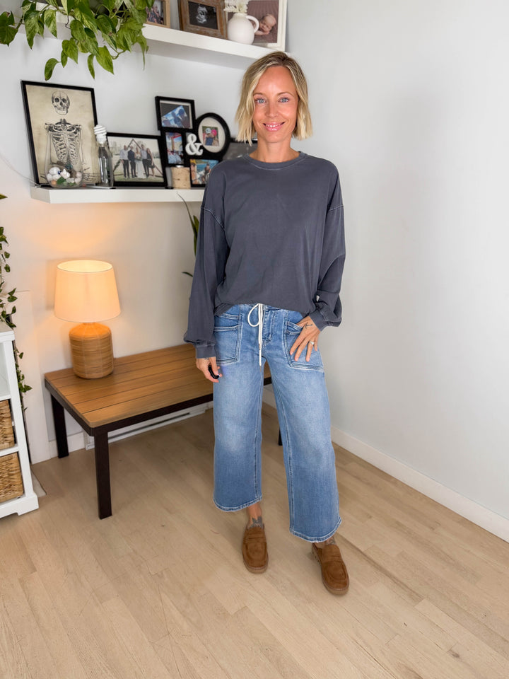 Landyn Washed Cotton Crewneck Long Sleeve- NAVY