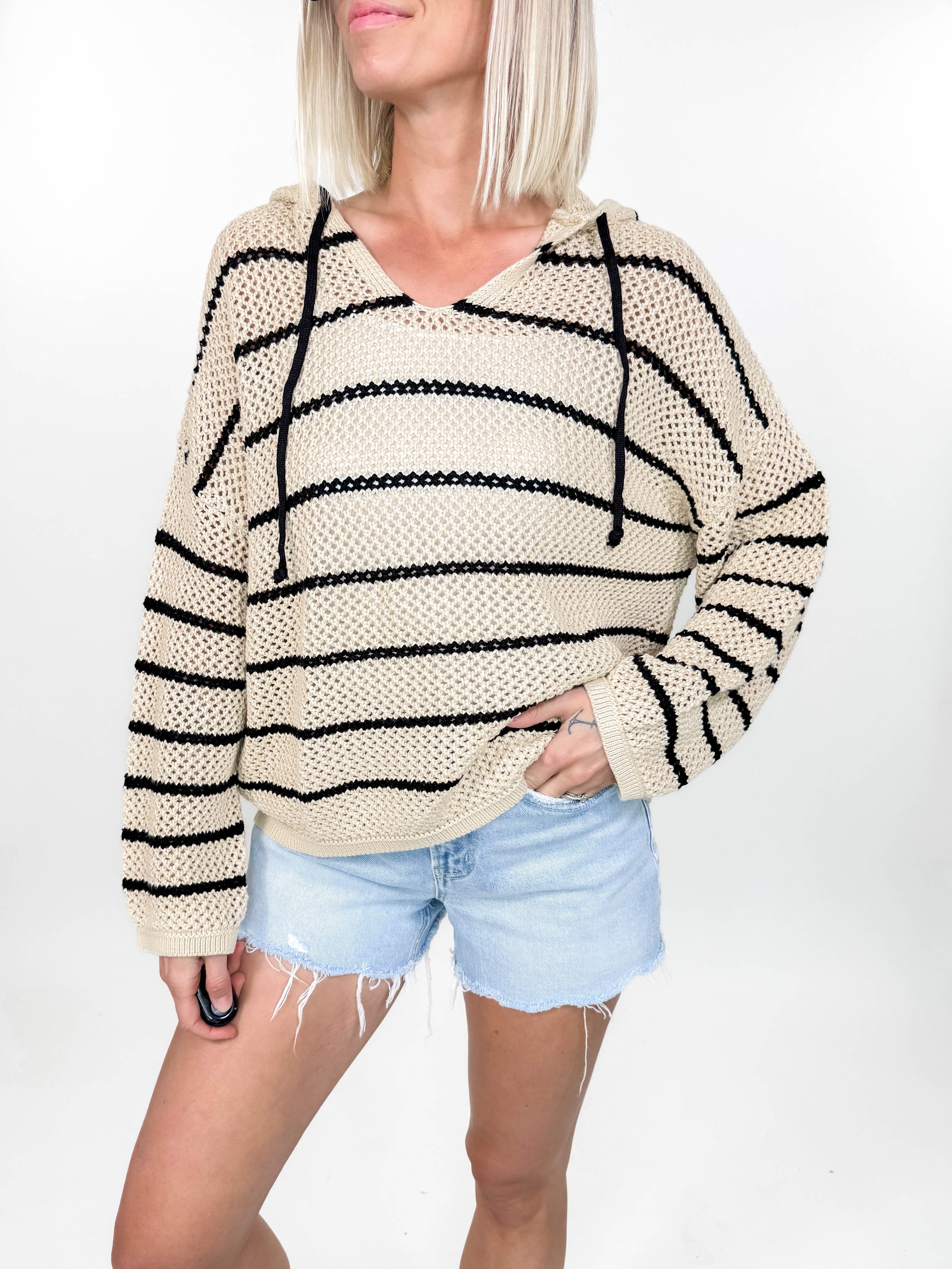 Nautical Crochet Pullover- TAUPE/BLACK-FINAL SALE