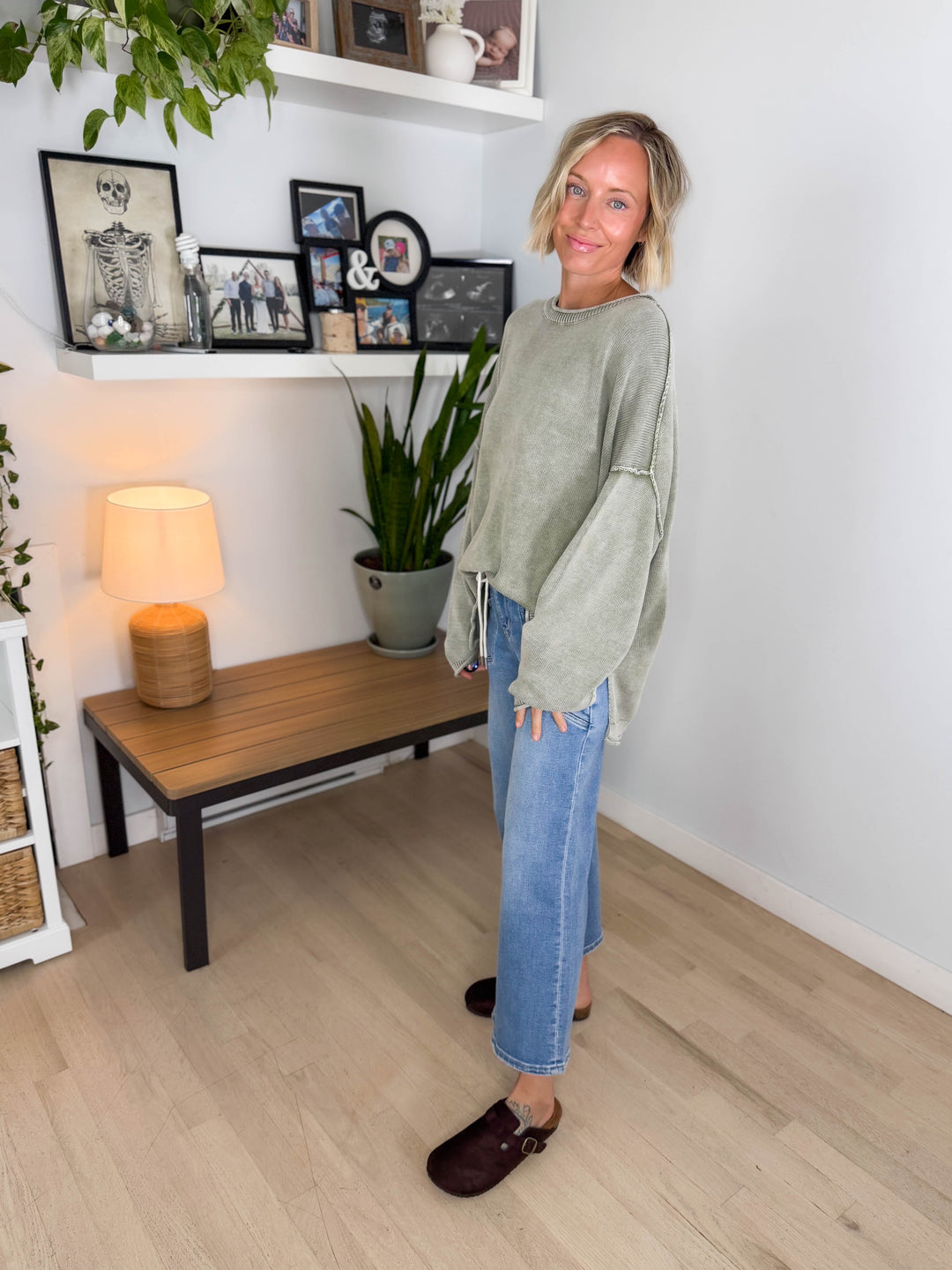 Sorel Washed Cotton Raw Edge Crewneck Sweater- LIGHT OLIVE