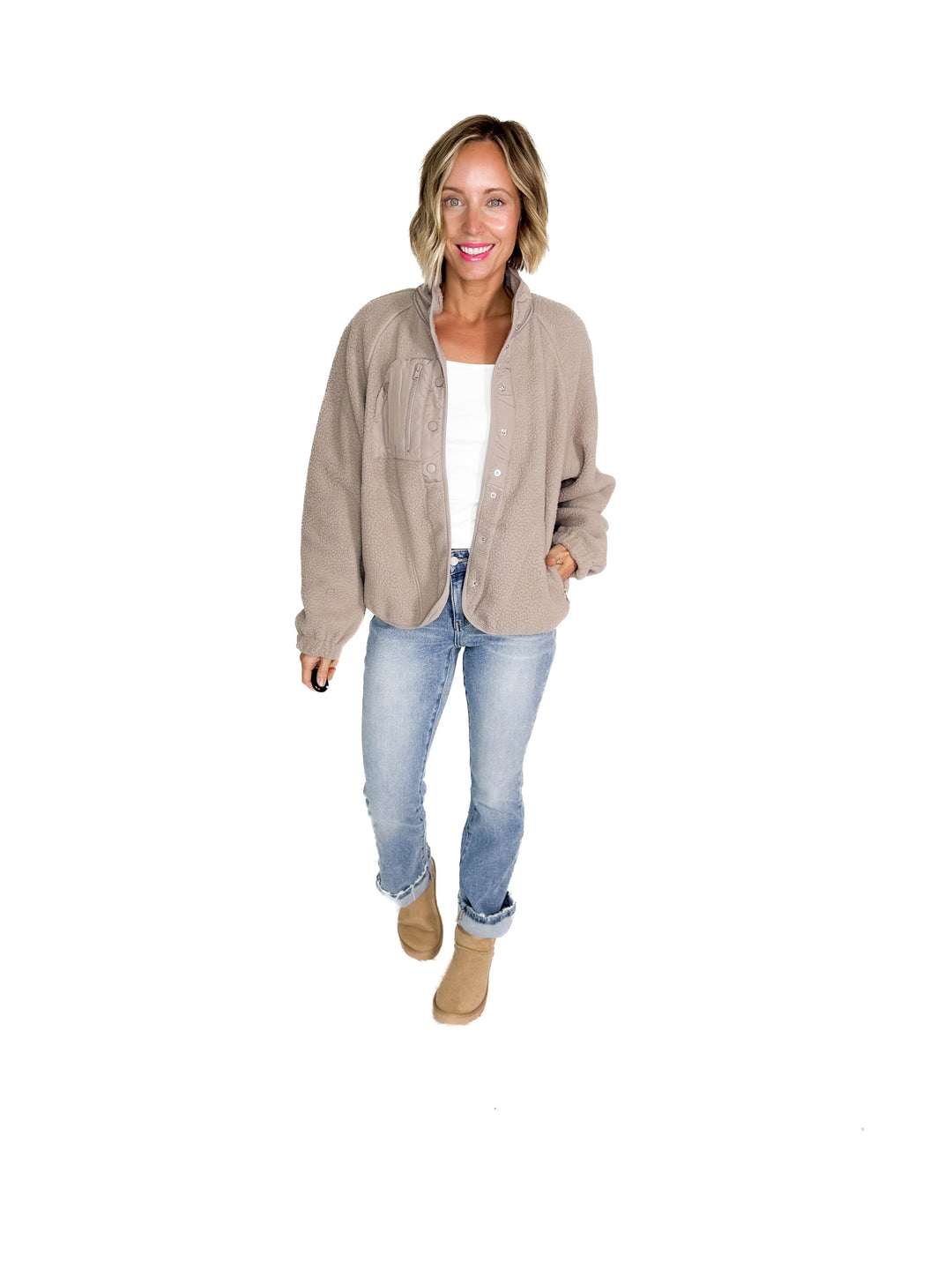 Jayde Fleece Button Up Jacket With Accent Pocket- EARTH GREY