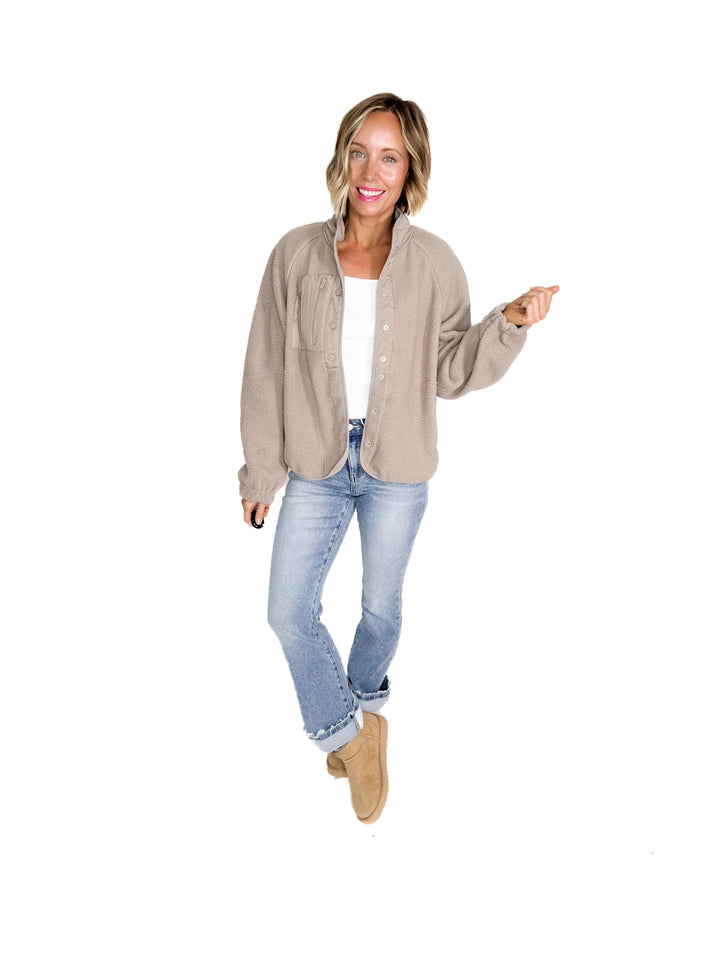 Jayde Fleece Button Up Jacket With Accent Pocket- EARTH GREY