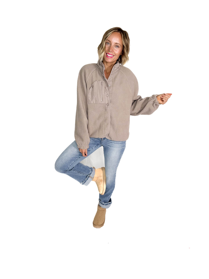Jayde Fleece Button Up Jacket With Accent Pocket- EARTH GREY