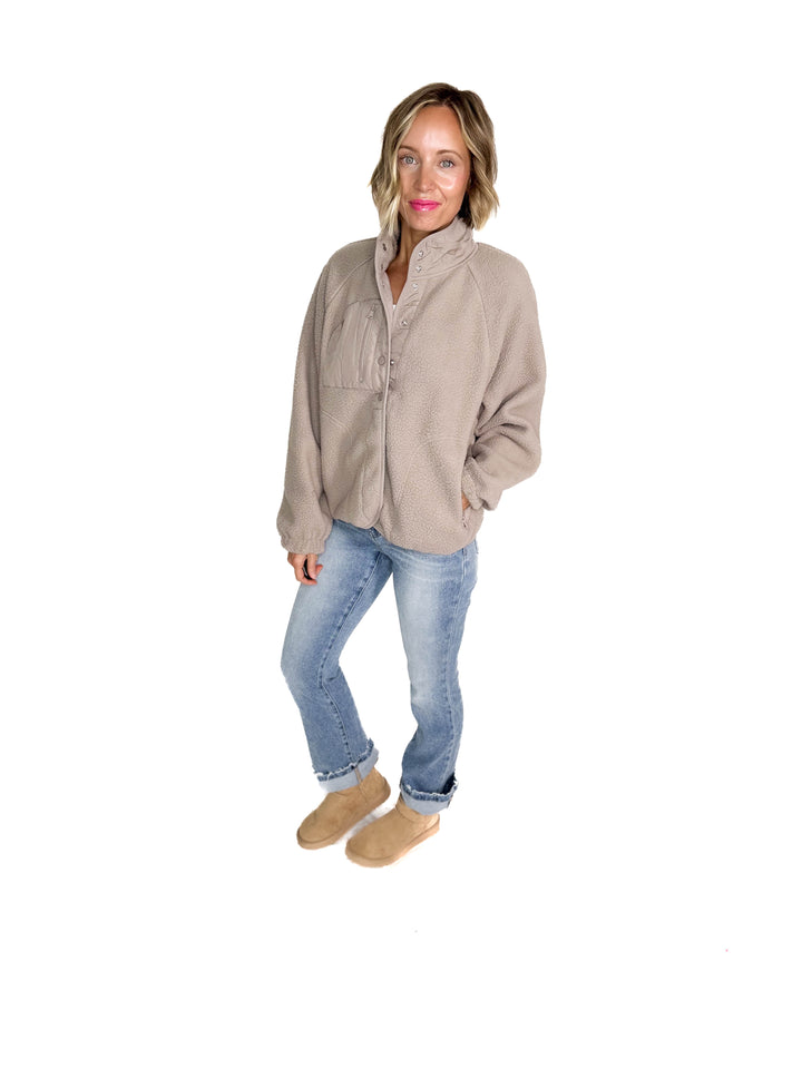 Jayde Fleece Button Up Jacket With Accent Pocket- EARTH GREY