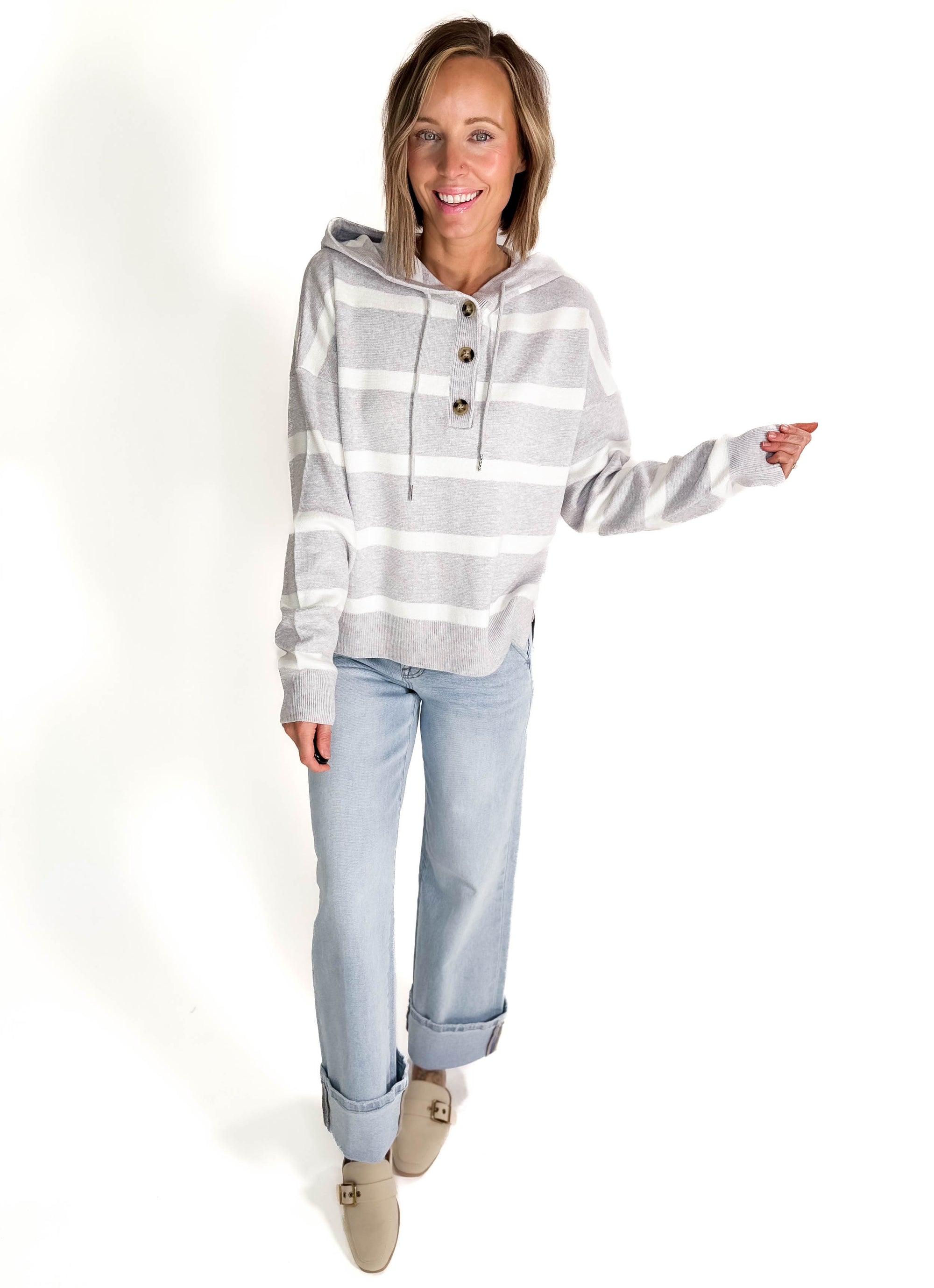 THREAD & SUPPLY Brighton Hooded Sweater- GREY/WHITE