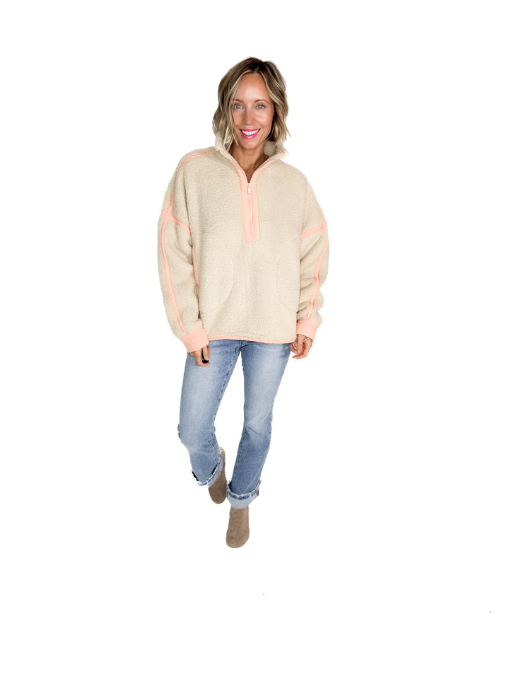 Tundra Mock Neck 1/2 Zip Sherpa Jacket- TAUPE /PEACH CREAM