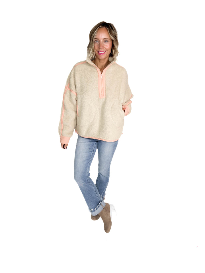 Tundra Mock Neck 1/2 Zip Sherpa Jacket- TAUPE /PEACH CREAM