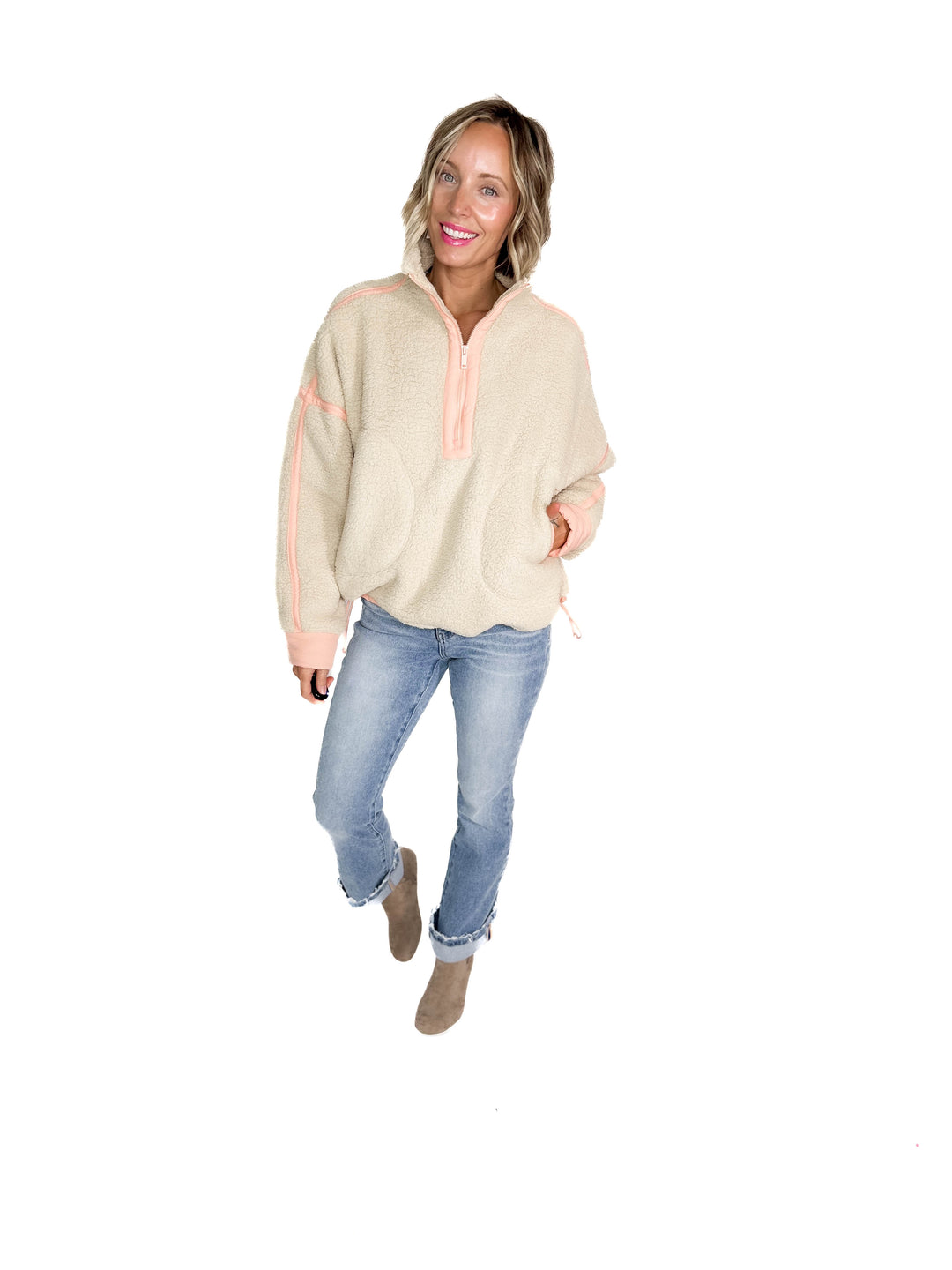 Tundra Mock Neck 1/2 Zip Sherpa Jacket- TAUPE /PEACH CREAM