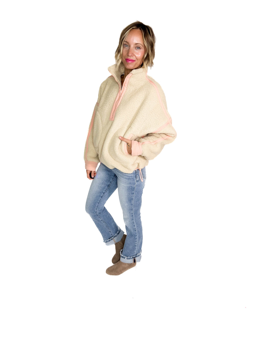 Tundra Mock Neck 1/2 Zip Sherpa Jacket- TAUPE /PEACH CREAM