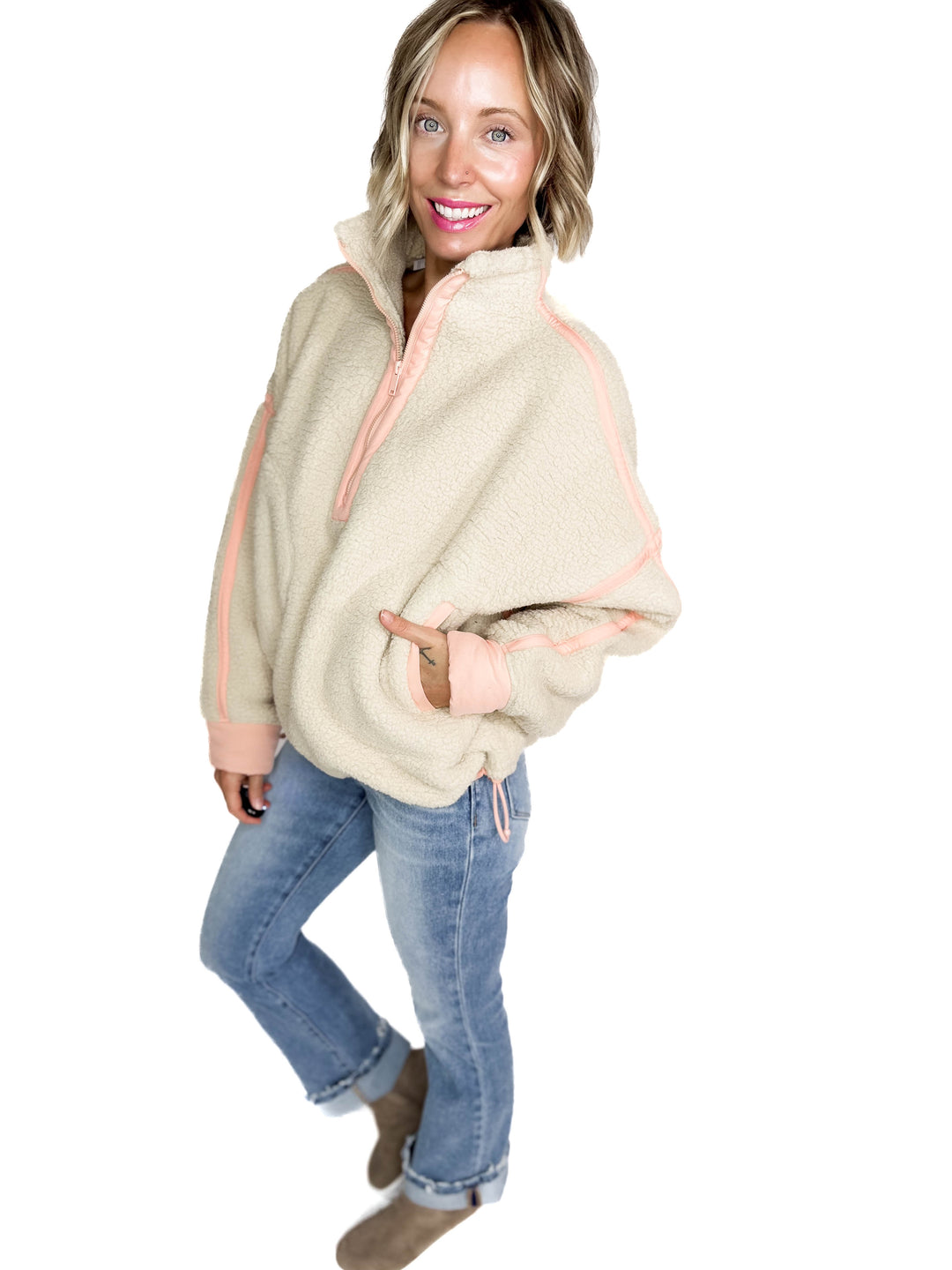 Tundra Mock Neck 1/2 Zip Sherpa Jacket- TAUPE /PEACH CREAM