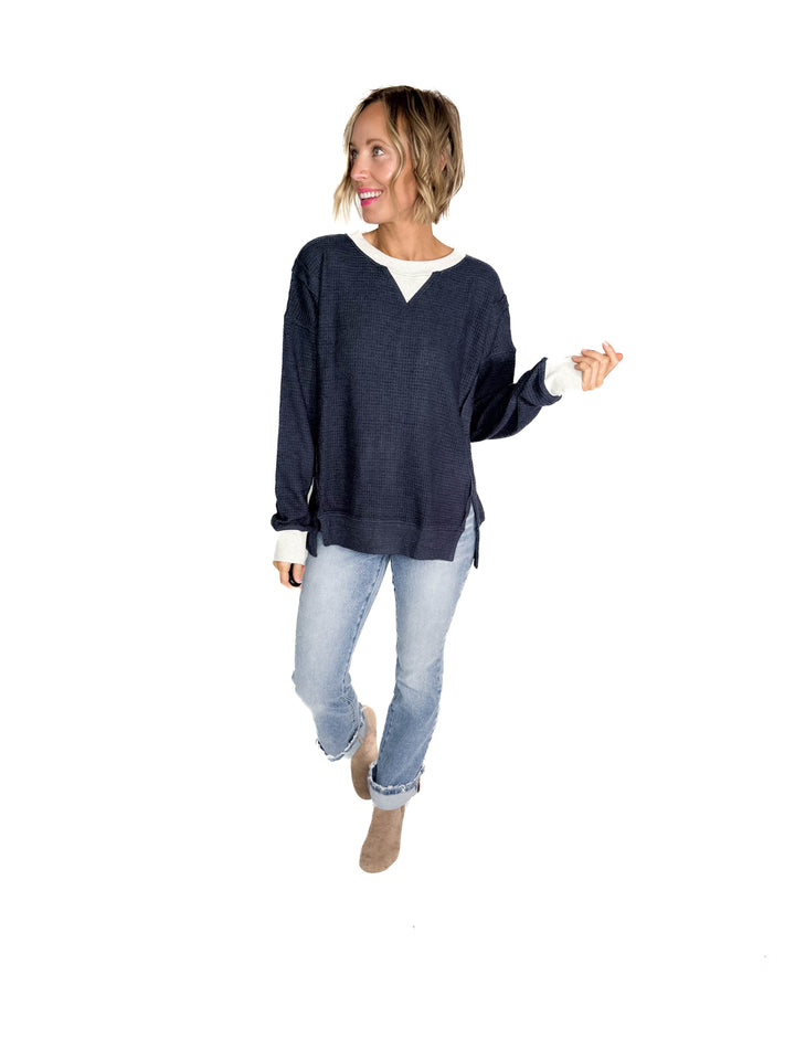 Loom Brushed Thermal Crew Neck Pullover- NAVY