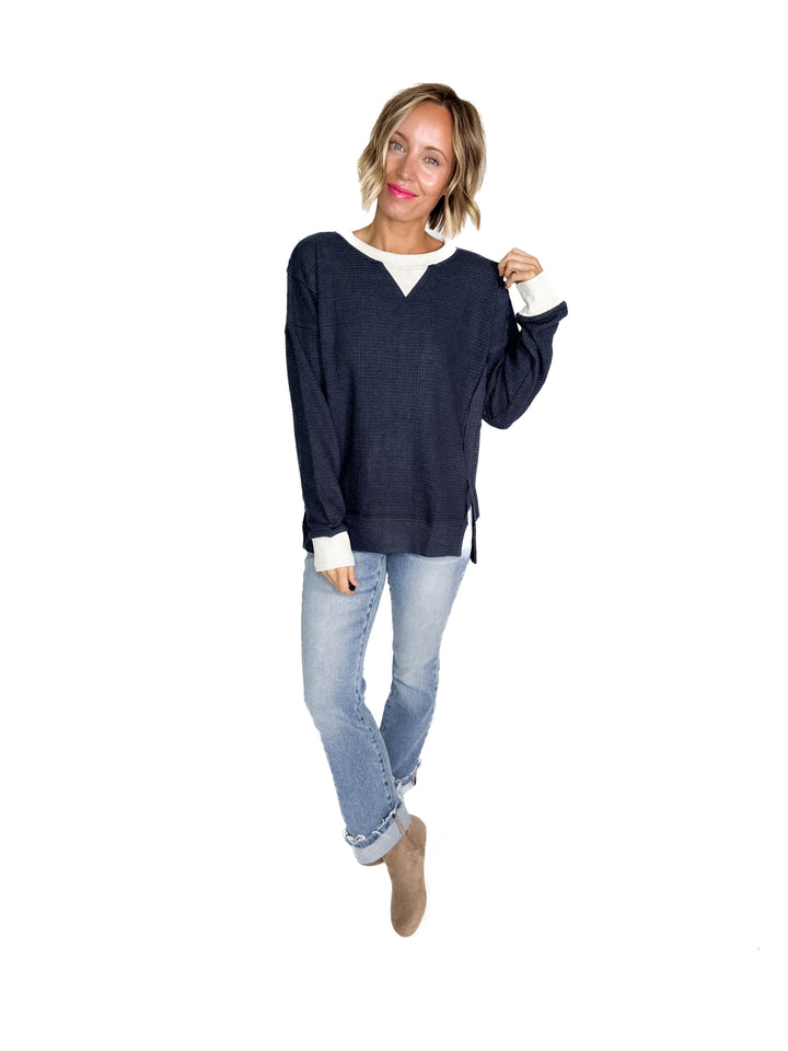 Loom Brushed Thermal Crew Neck Pullover- NAVY
