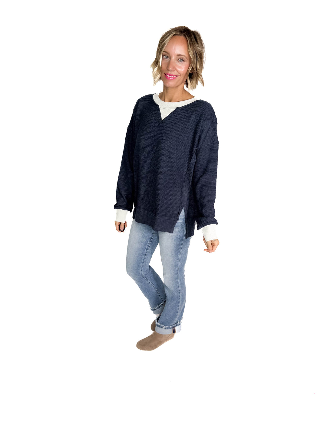 Loom Brushed Thermal Crew Neck Pullover- NAVY