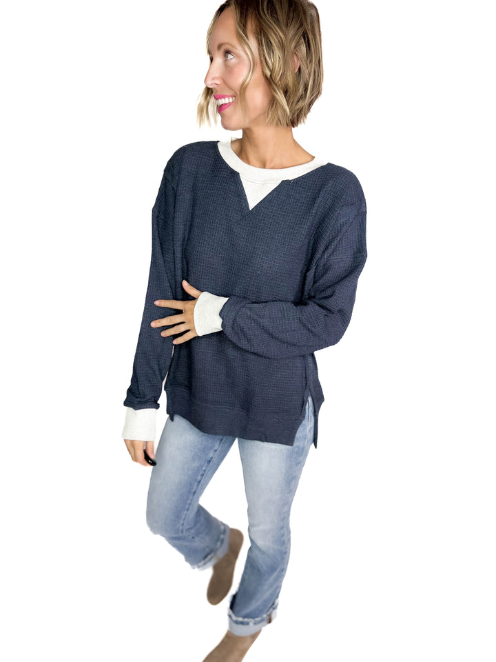 Loom Brushed Thermal Crew Neck Pullover- NAVY