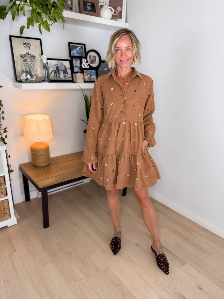 Merlot Embroidered Corduroy Dress- CAMEL