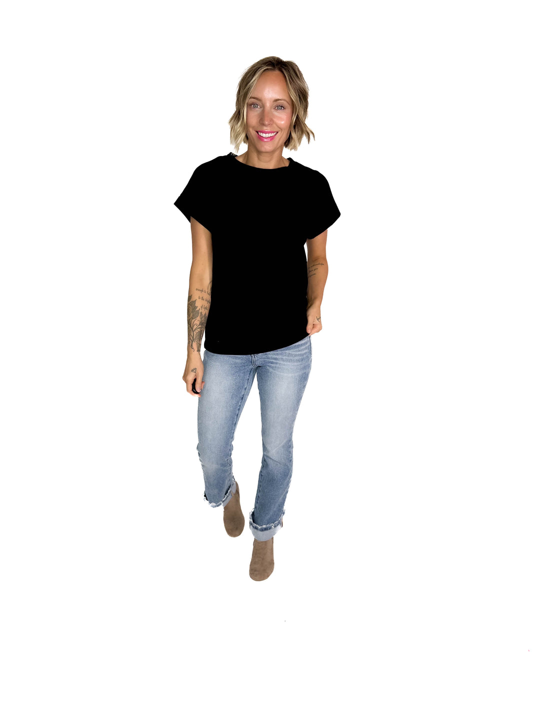 Edna Cotton Folded Sleeve T-Shirt- BLACK