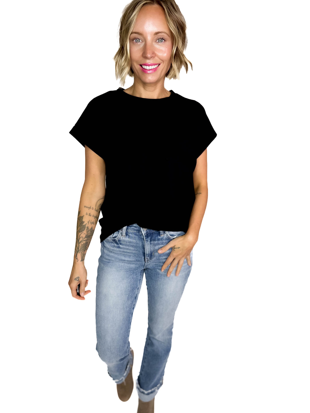 Edna Cotton Folded Sleeve T-Shirt- BLACK