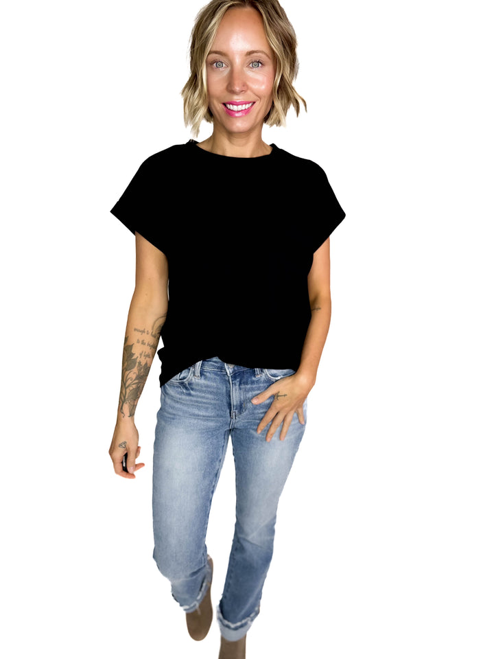Edna Cotton Folded Sleeve T-Shirt- BLACK