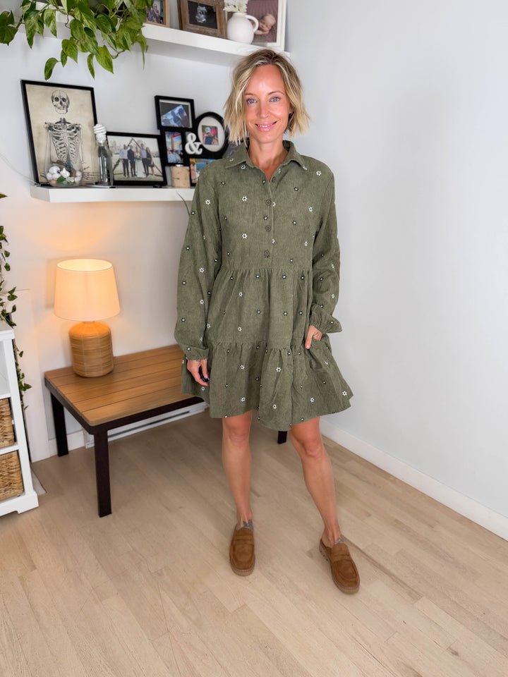 Merlot Embroidered Corduroy Dress- OLIVE
