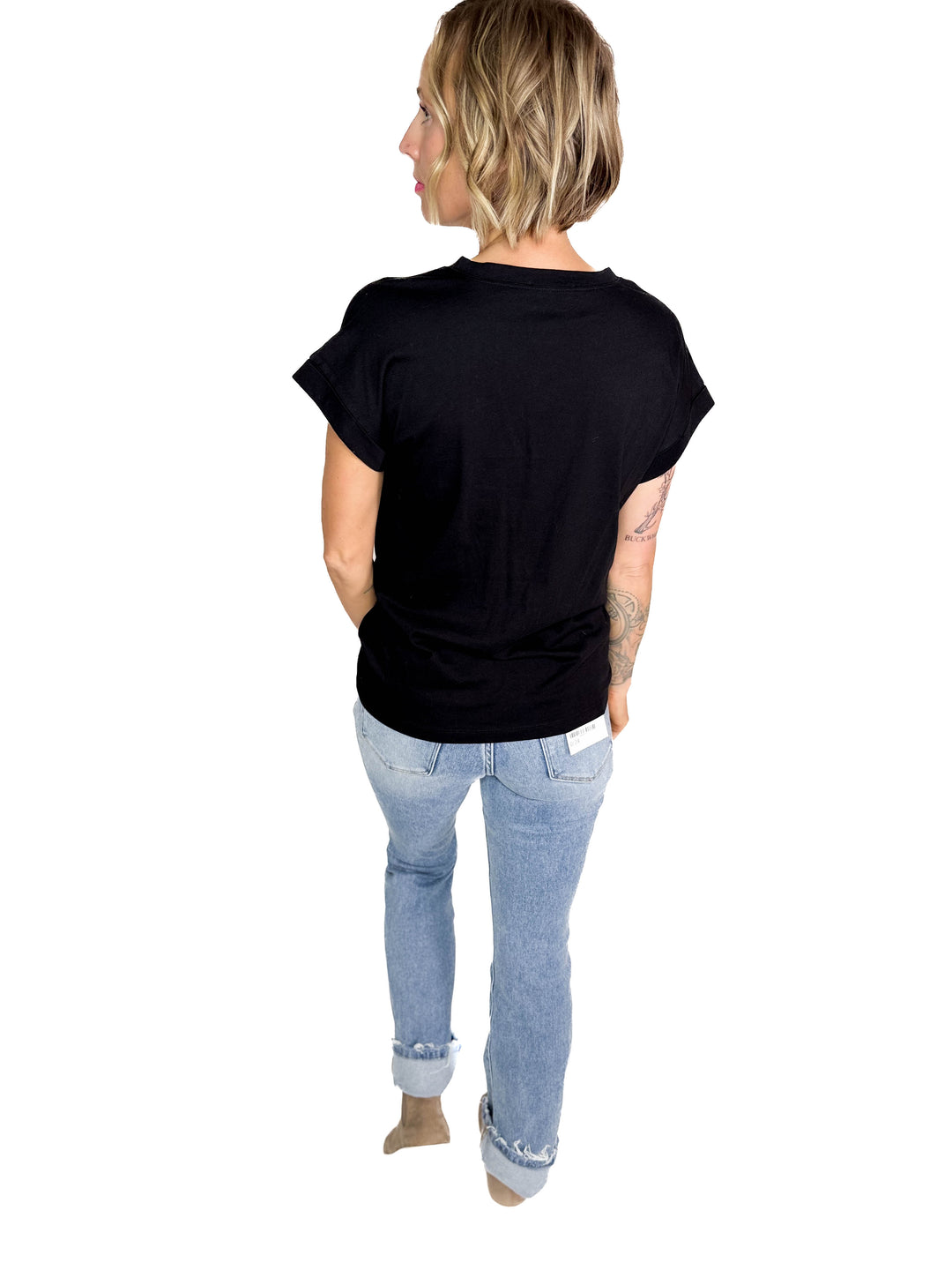 Edna Cotton Folded Sleeve T-Shirt- BLACK