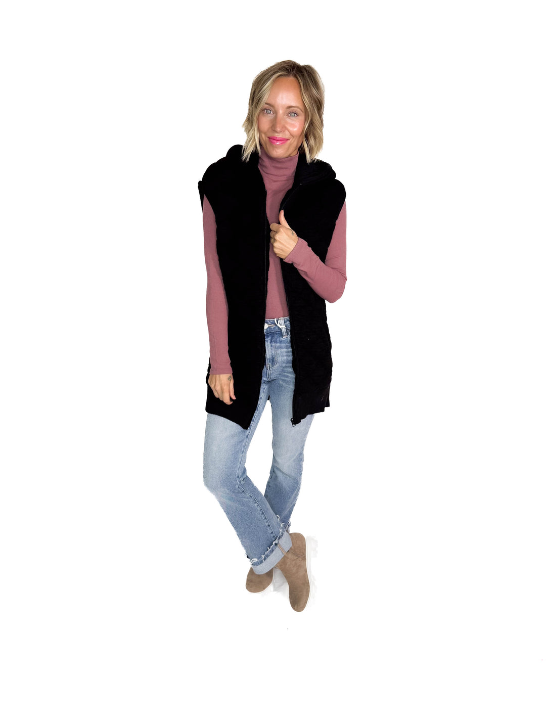 Mono B Celeste Oversized Quilted Fleece Vest With Hood- BLACK