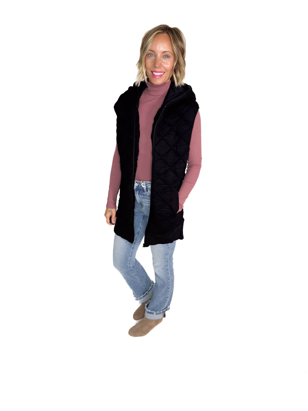 Mono B Celeste Oversized Quilted Fleece Vest With Hood- BLACK