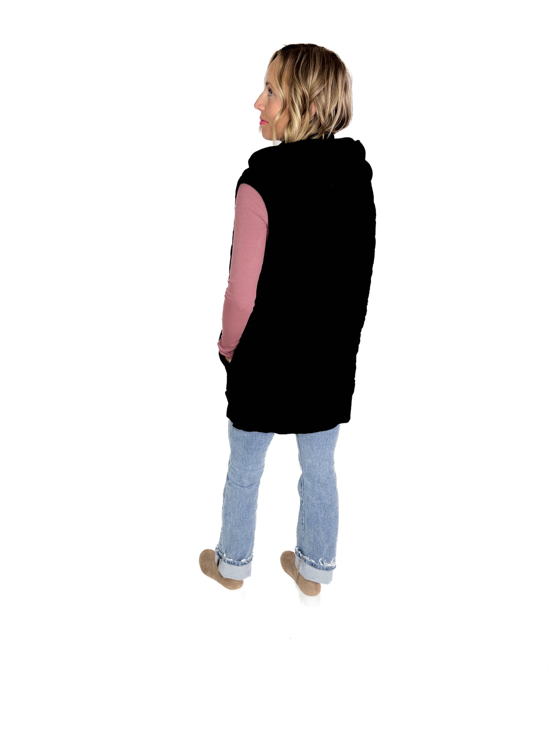 Mono B Celeste Oversized Quilted Fleece Vest With Hood- BLACK