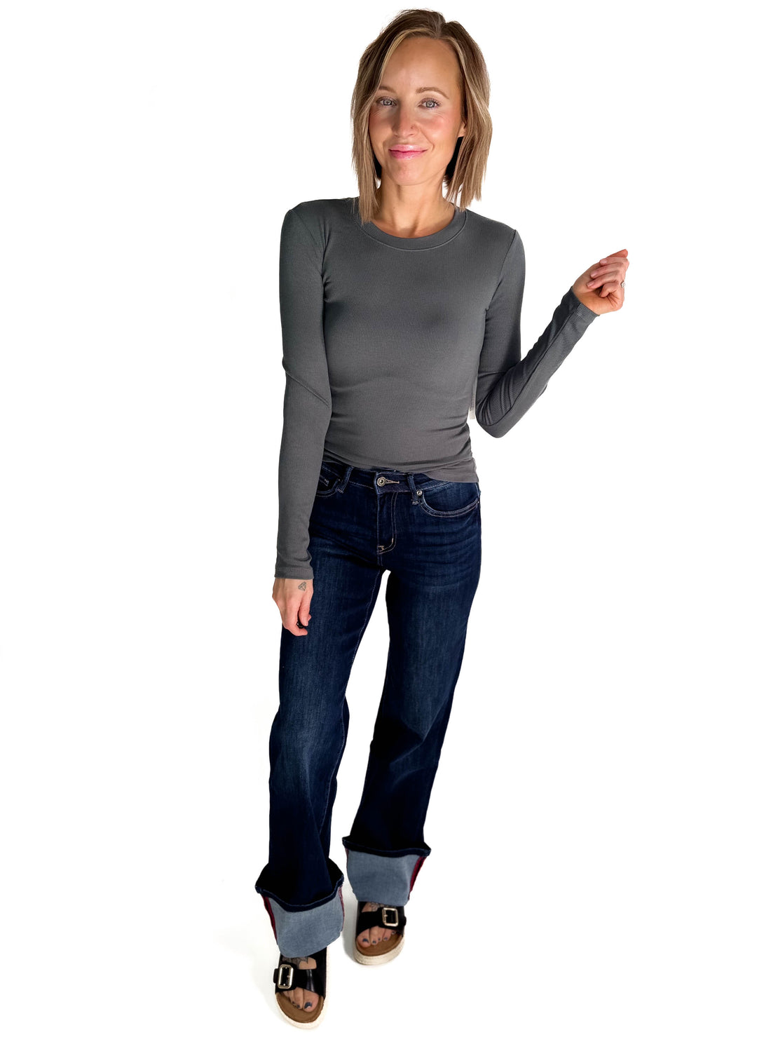 MONO B Linley Ribbed Scoop Neck- URBAN GREY-FINAL SALE