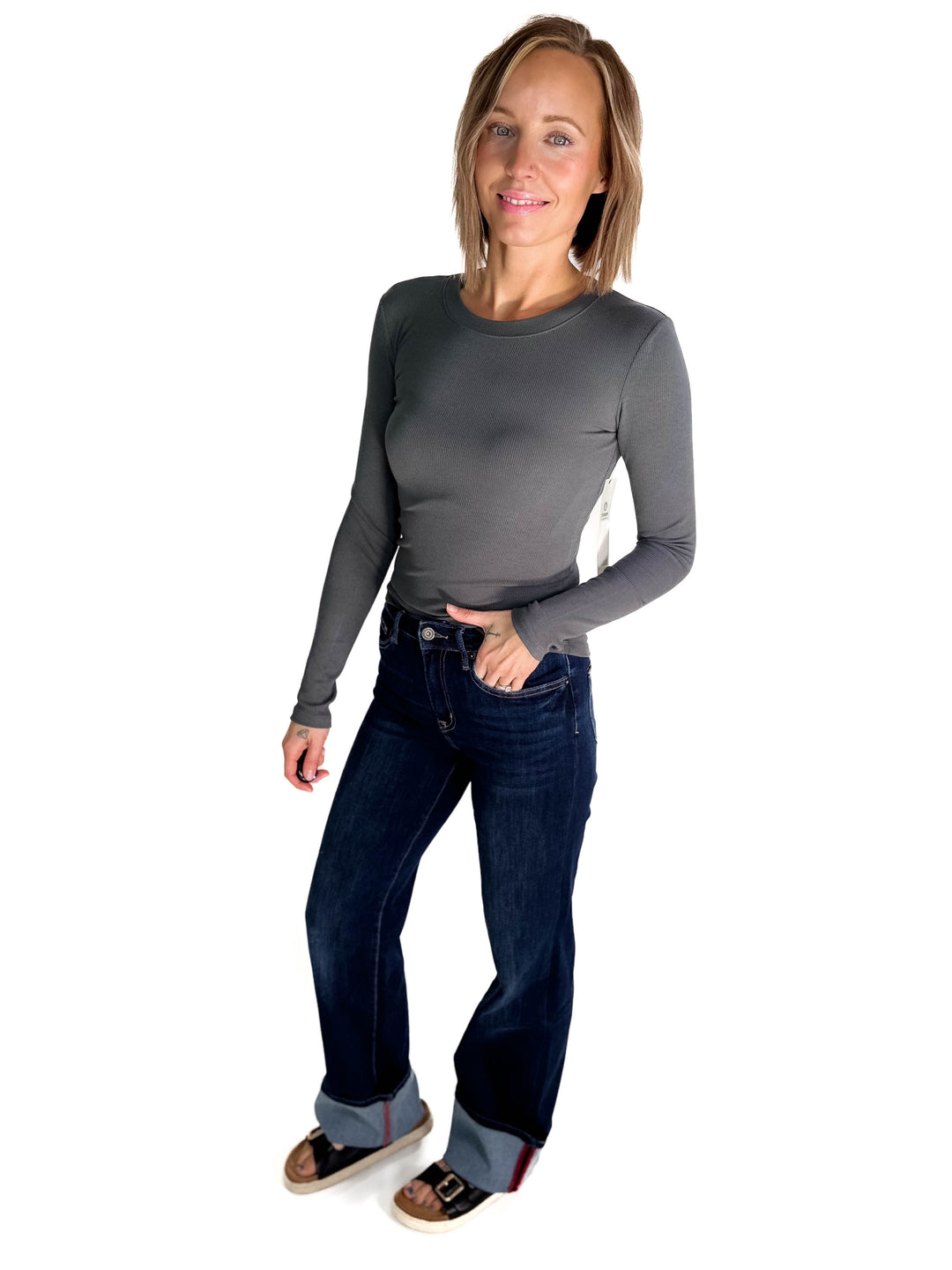 MONO B Linley Ribbed Scoop Neck- URBAN GREY-FINAL SALE
