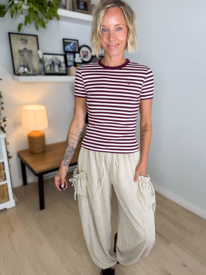 Only Val Organic Cotton Short Sleeve Top- FIG STRIPE HEART