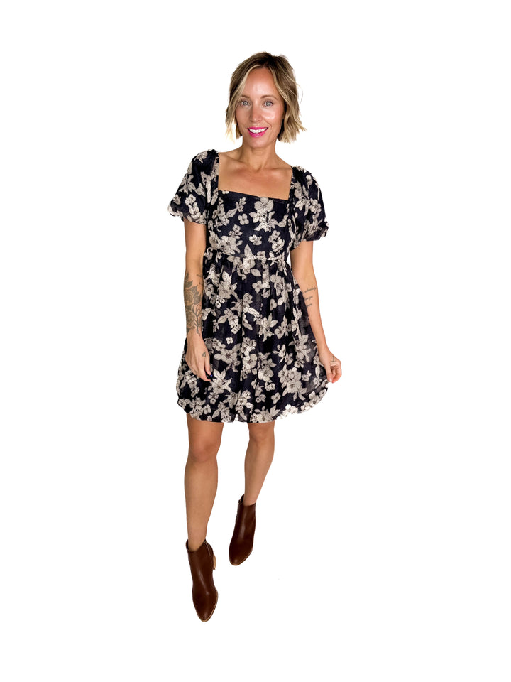 Margaret Floral Bubble Dress- SLATE NAVY