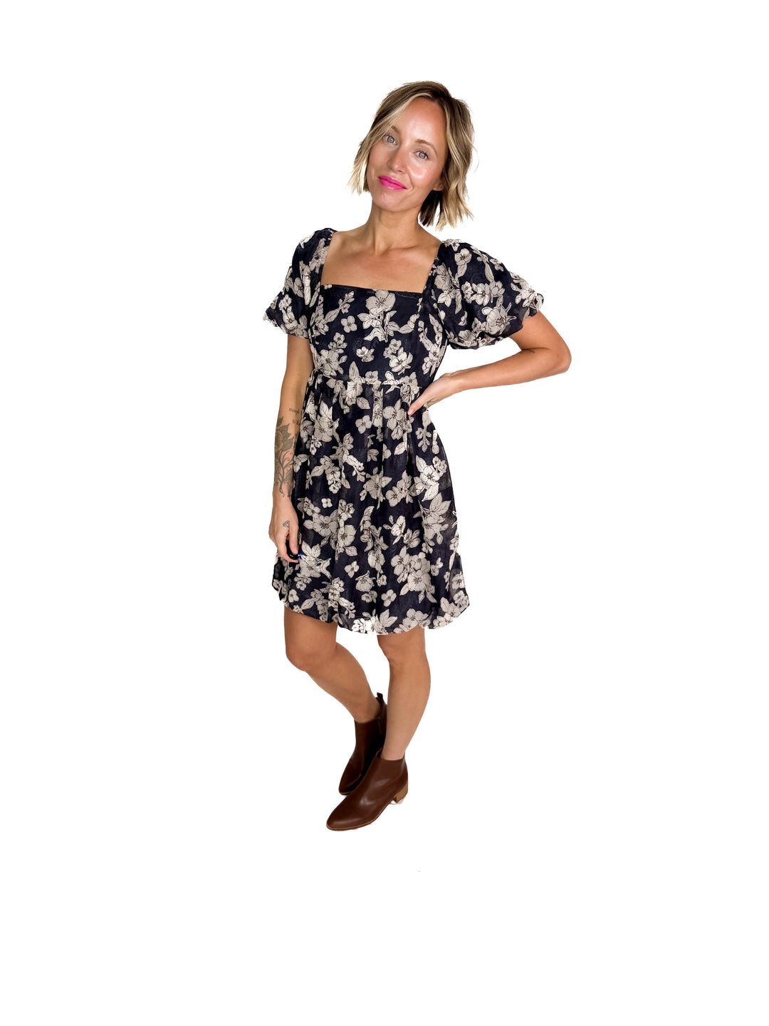 Margaret Floral Bubble Dress- SLATE NAVY