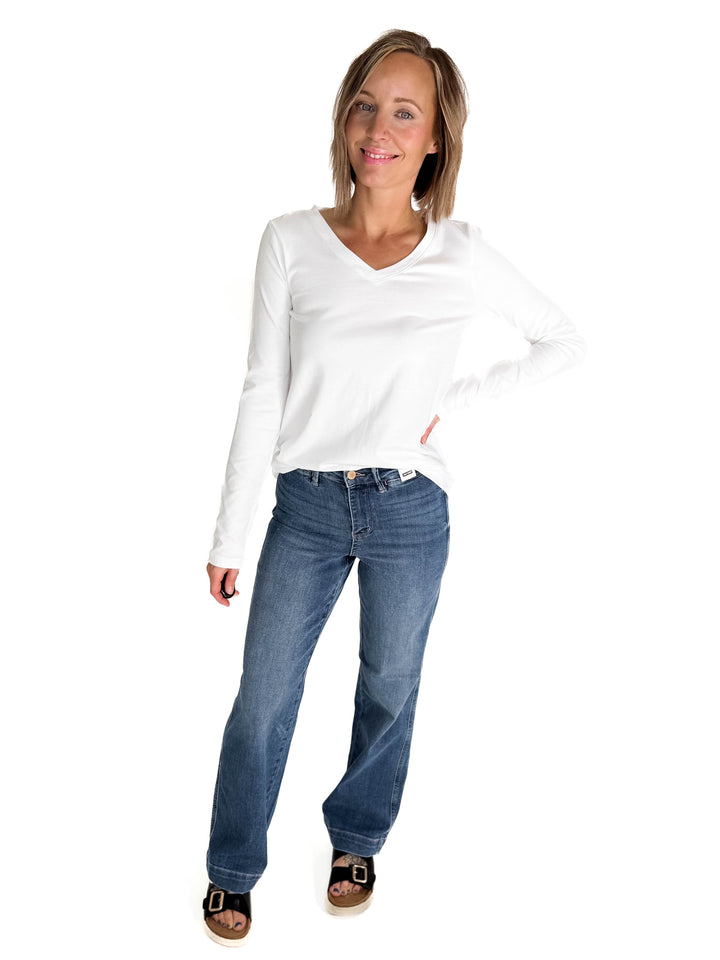 Azura Stretch Cotton Long Sleeve V-Neck Top- WHITE-FINAL SALE