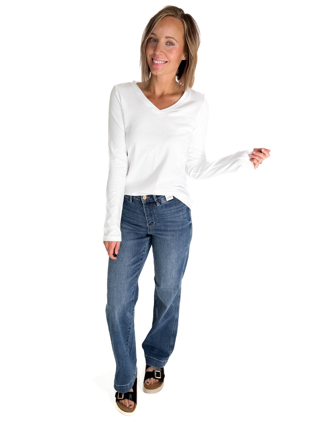 Azura Stretch Cotton Long Sleeve V-Neck Top- WHITE-FINAL SALE