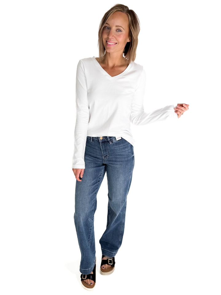 Azura Stretch Cotton Long Sleeve V-Neck Top- WHITE-FINAL SALE