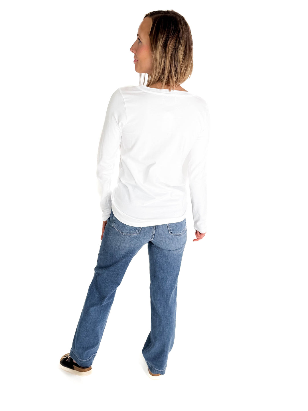 Azura Stretch Cotton Long Sleeve V-Neck Top- WHITE-FINAL SALE